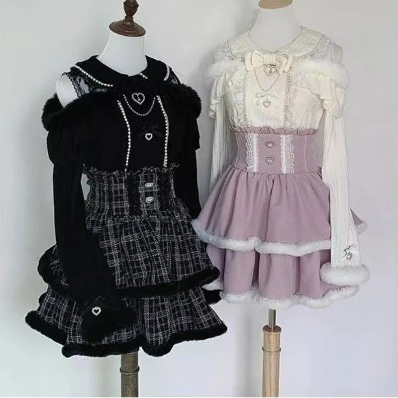 Eprolo Japon Stil Lolita lace bow mini skirt and blouse set, featuring intricate lace details and a classic Lolita fashion style.