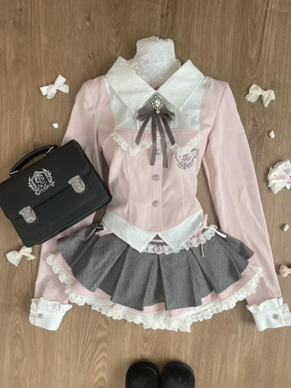 Eprolo long sleeve blouse with lace details paired with a matching mini skirt, showcasing elegant fashion set.