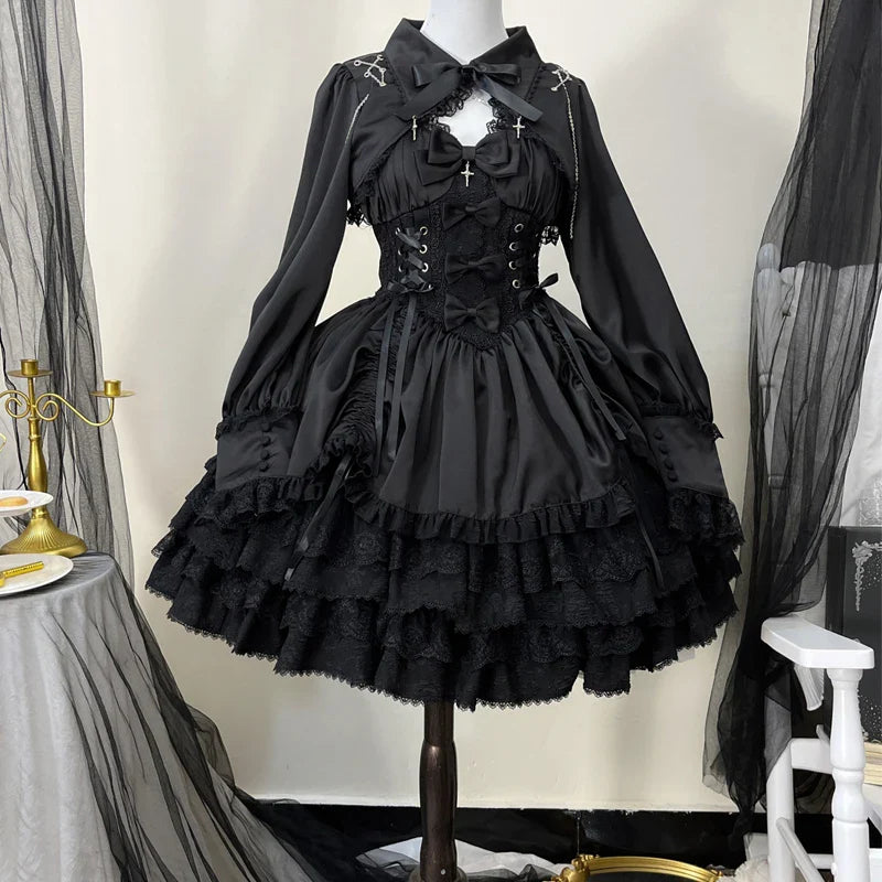 Elegant black gothic Lolita dress two-piece set by eprolo, featuring lace and ruffled details, perfect for alternative fashion.