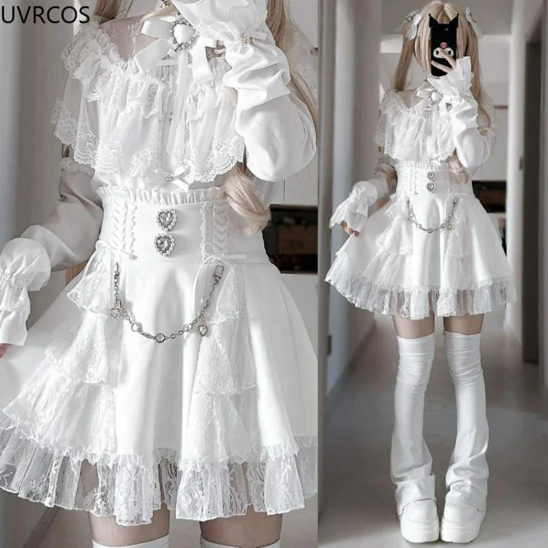 Eprolo Japon Gotik mini skirt with lace and gemstone details, Y2K Lolita style, kawaii short skirt with intricate embellishments.