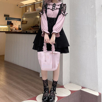 Pembe Siyah Fırfırlı Zarif Lolita Bluz & Etek Seti