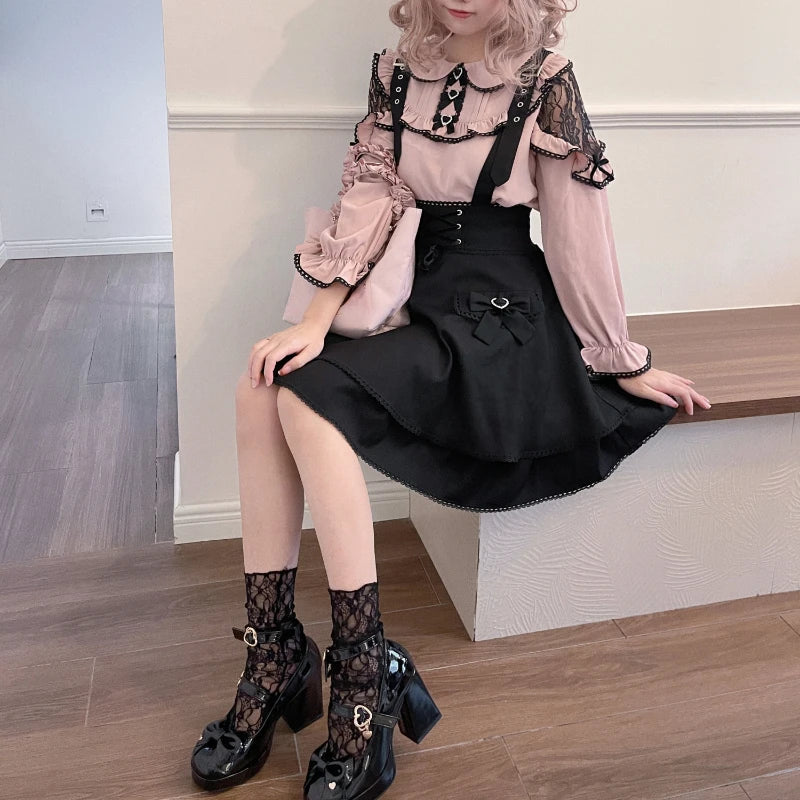 Pembe Siyah Fırfırlı Zarif Lolita Bluz & Etek Seti