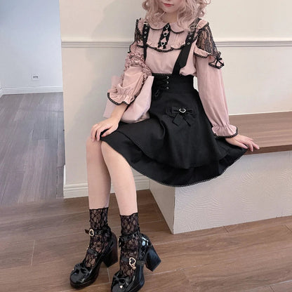 Pembe Siyah Fırfırlı Zarif Lolita Bluz & Etek Seti
