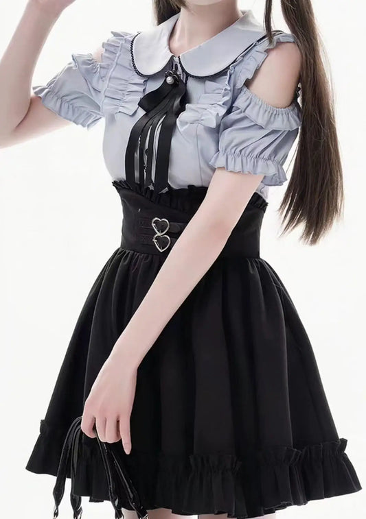 Eprolo Jirai Kei Fiyonklu off-shoulder blouse and black skirt set, stylish and elegant women's clothing ensemble.