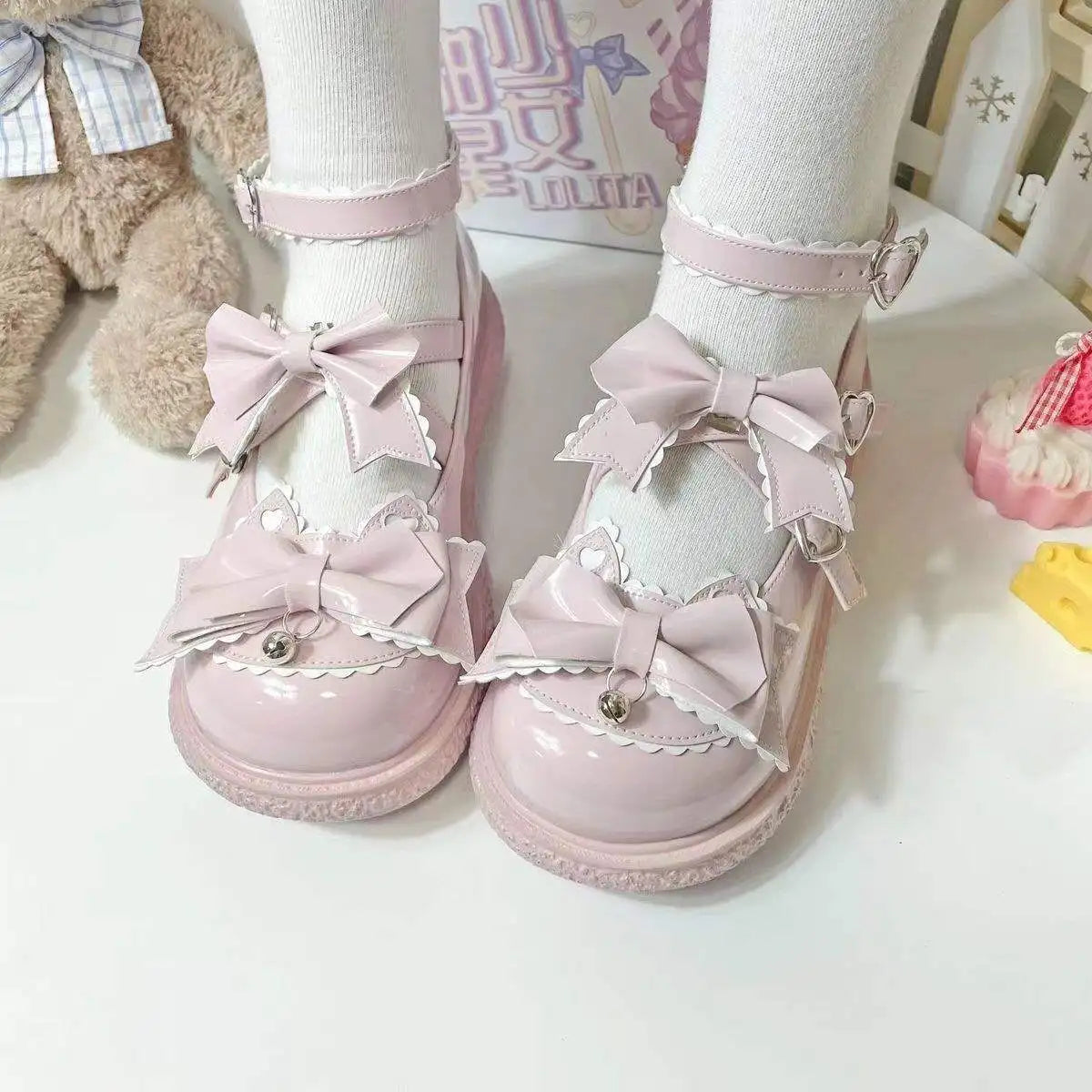 Kawaii Lolita Mary Jane shoes by eprolo with bow detail, buckle strap, round toe, and cute design for fashionable dress-up.