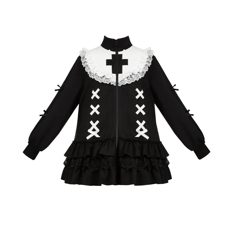 Black Y2K Gothic hooded sweatshirt with long sleeves, Lolita style, from eprolo, featuring a trendy, dark fashion-inspired design.
