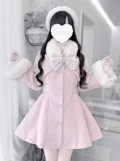 Eprolo winter Japanese coat with faux fur collar, warm and stylish, shown in a close-up image highlighting the coat's plush fabric and detailing
