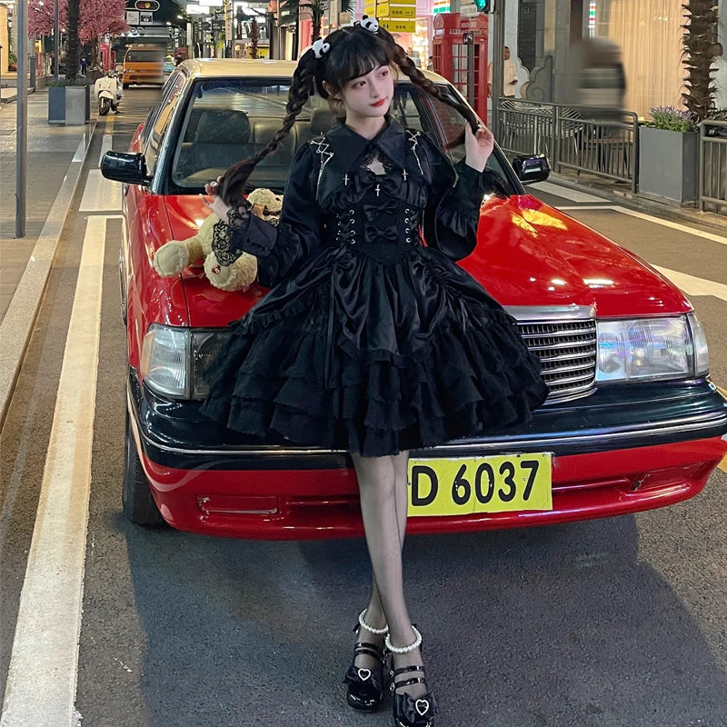 Eprolo Lolita Gothic elegant two-piece dress with lace details and ruffled skirt, perfect for gothic fashion style.