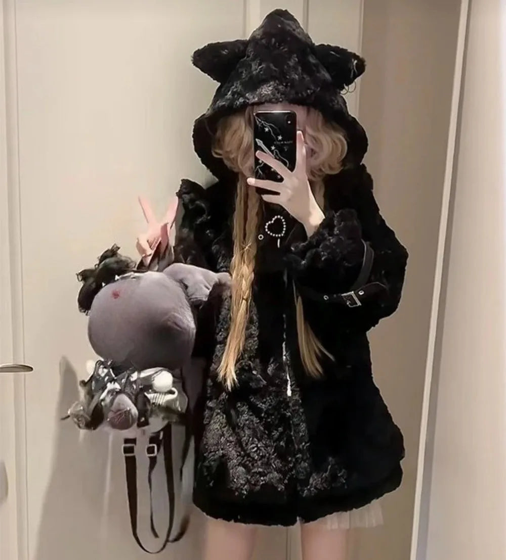 Soft plush hoodie jacket with cat ear hood from eprolo, featuring cozy design and stylish details, ideal for casual wear.