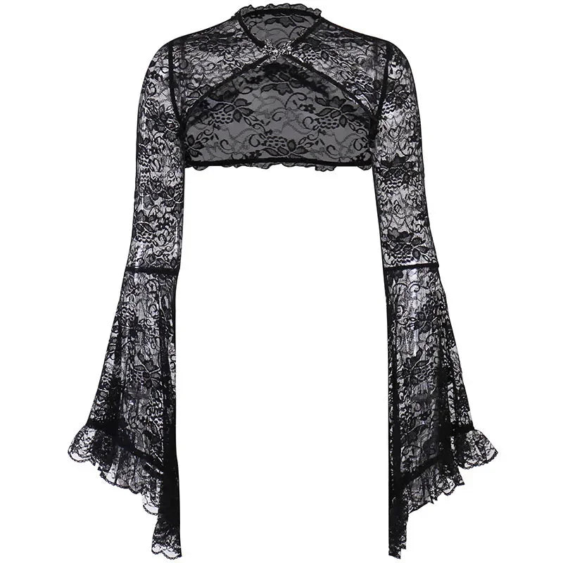 Gotik Dantel File Bolero by eprolo, black lace bolero with intricate gothic design, shown on a hanger.