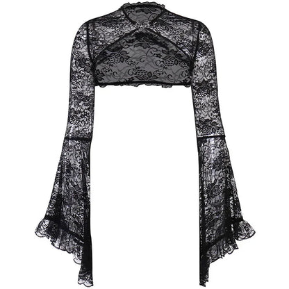 Gotik Dantel File Bolero by eprolo, black lace bolero with intricate gothic design, shown on a hanger.