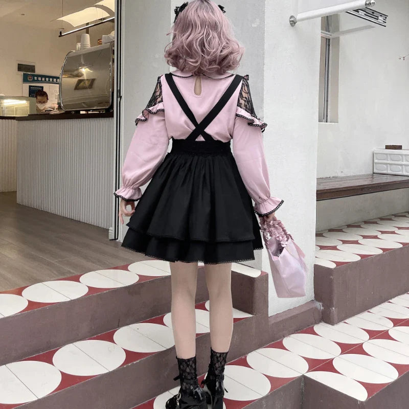 Pembe Siyah Fırfırlı Zarif Lolita Bluz & Etek Seti