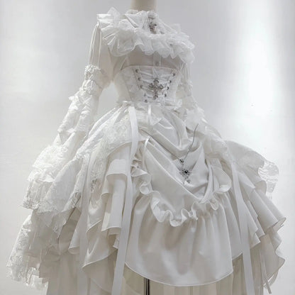 Victorian Gothic black dress with ruffled details and lace accents, featuring a fitted bodice and flowing skirt from eprolo.
