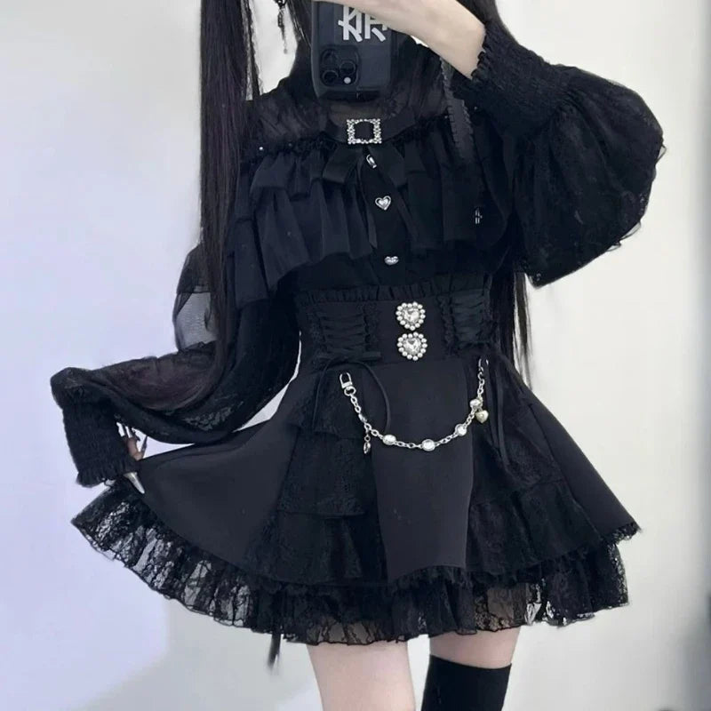 Japon Gotik mini etek by eprolo featuring lace and gemstone details in Y2K Lolita style, kawaii short skirt with gothic design.