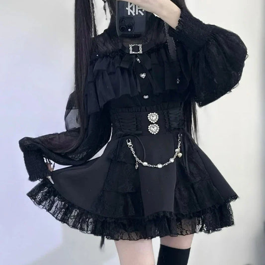 Japon Gotik mini etek by eprolo featuring lace and gemstone details in Y2K Lolita style, kawaii short skirt with gothic design.