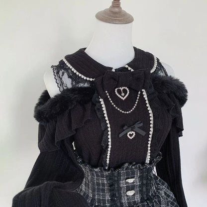 Eprolo Japon Stil Lolita dantel fiyonk mini etek ve bluz set, beyaz renkli, şık ve detaylı dantel tasarımıyla.