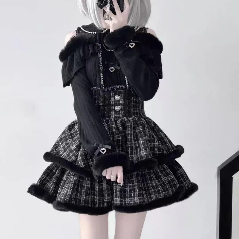Eprolo Japon Stil Lolita lace bow mini skirt and blouse set, featuring intricate lace details and lightweight fabric.