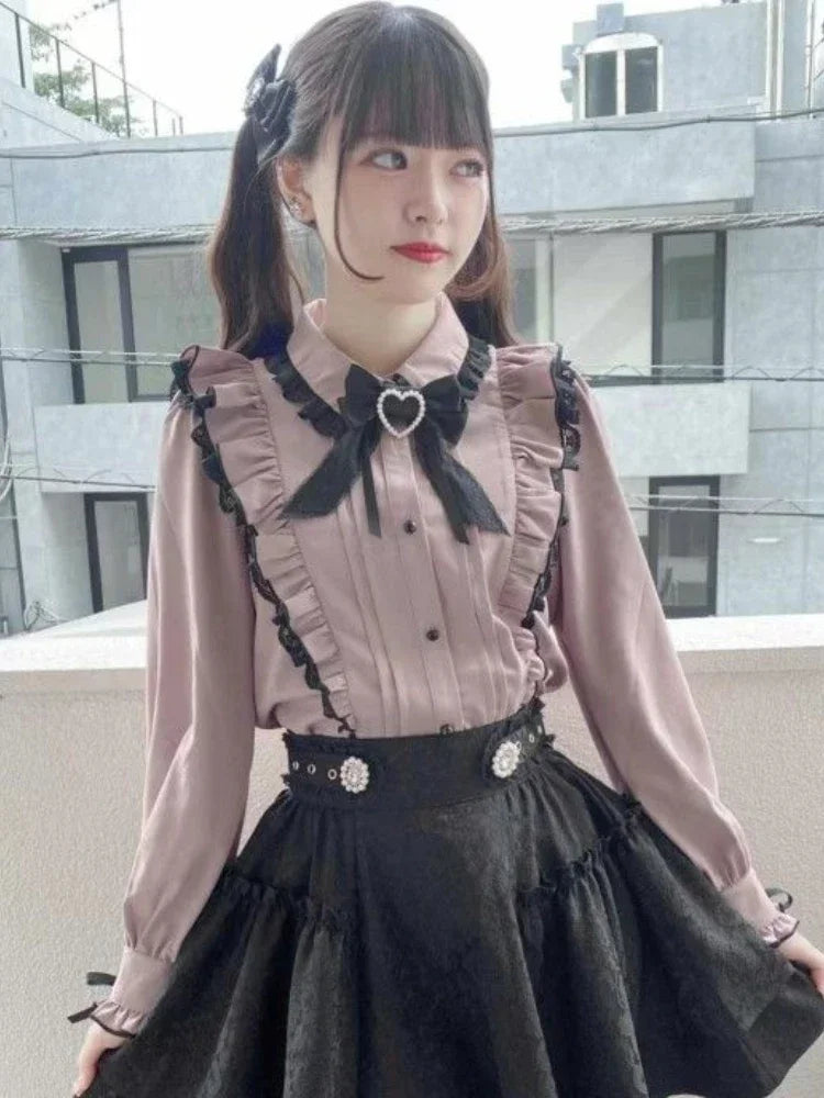 Pink bow lace ruffle blouse from eprolo featuring delicate lace details and feminine frills.