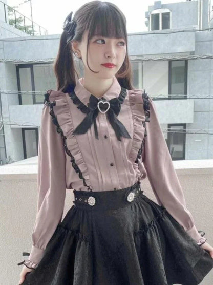 Pink bow lace ruffle blouse from eprolo featuring delicate lace details and feminine frills.