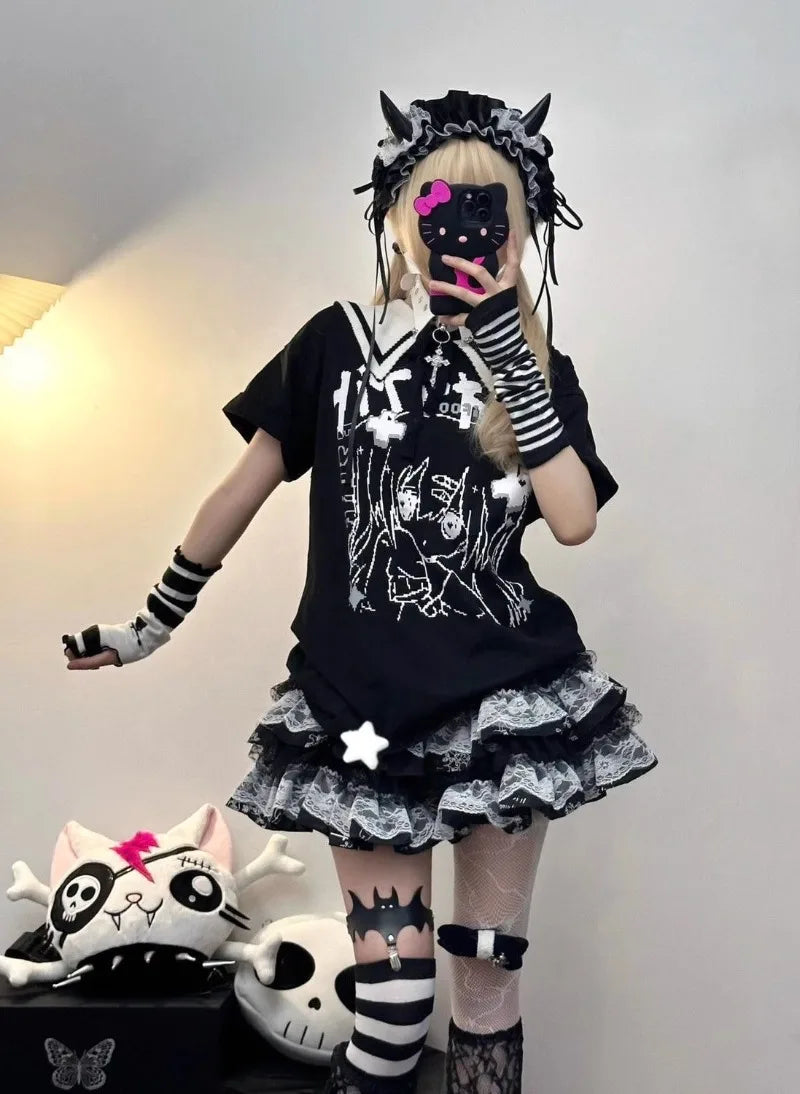 Japon Stil Vintage Lolita Tshirt & Etek Seti