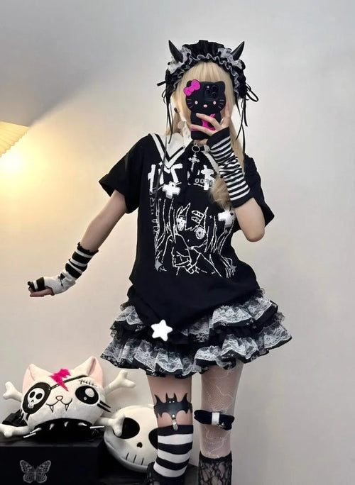 Japon Stil Vintage Lolita Tshirt & Etek Seti