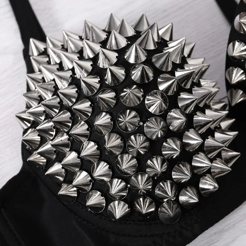 Black gothic spike detail bra from eprolo featuring metal spikes and lace accents, designed for a bold, edgy style.