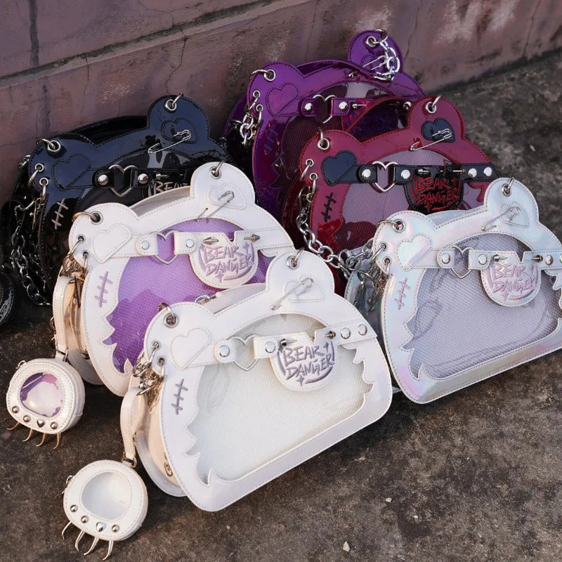 Transparent kawaii teddy bear Ita bag with cute bear design, ideal for carrying small items, by eprolo.