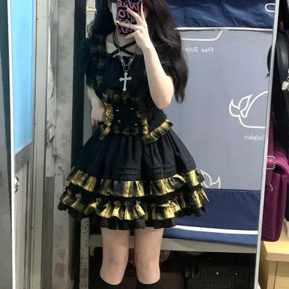 Lolita Gotik Dantel Detaylı Pileli Elbise Kısa Kollu Elbise