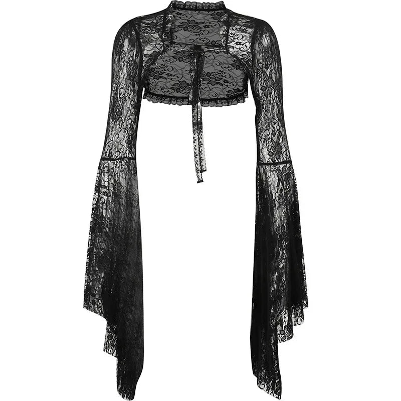 Elegant black Gotik Dantel File Bolero with intricate lace details, designed by eprolo, shown on a hanger.