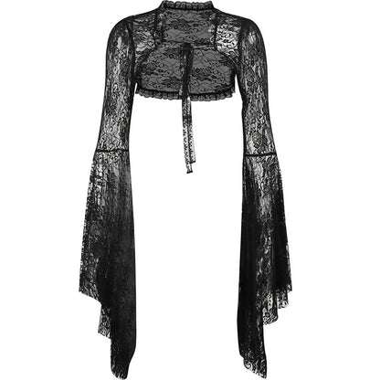 Elegant black Gotik Dantel File Bolero with intricate lace details, designed by eprolo, shown on a hanger.