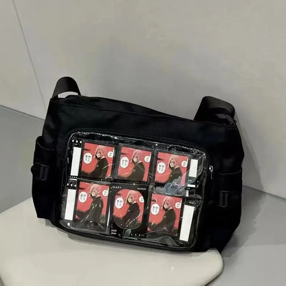 Clear Japan-style Ita bag with adjustable straps and transparent design by eprolo, featuring space for collectible pins and accessories.