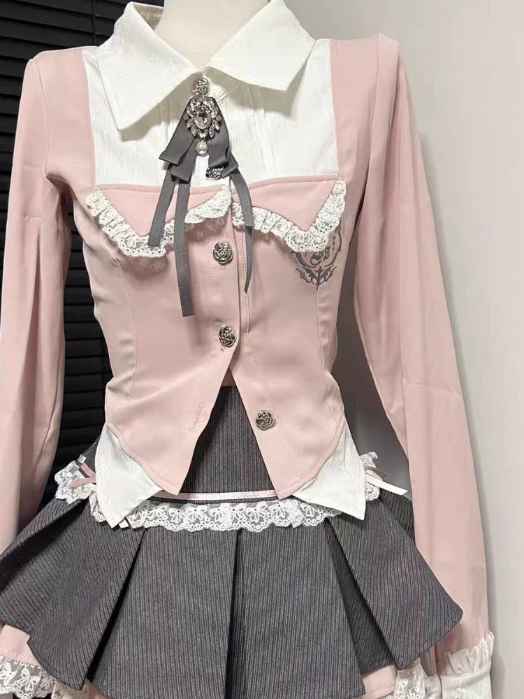 Eprolo long-sleeve blouse with lace details and matching mini skirt set, featuring elegant design and intricate fabric patterns.