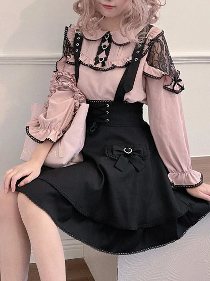 Pembe Siyah Fırfırlı Zarif Lolita Bluz & Etek Seti