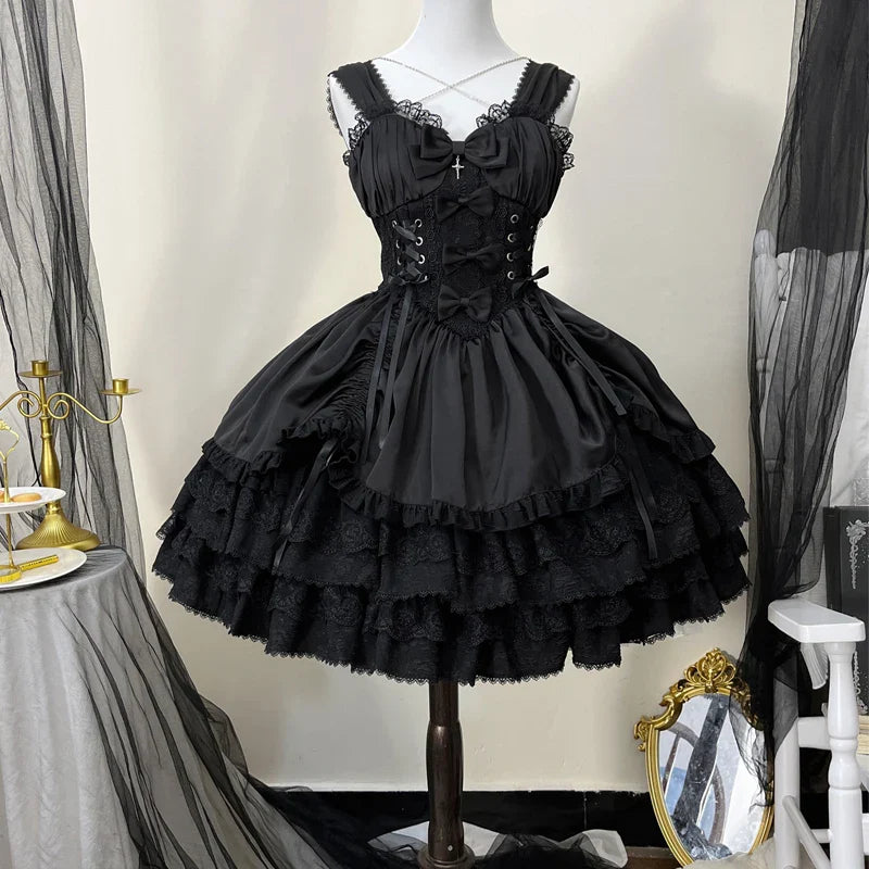 Elegant Lolita Gothic two-piece dress by eprolo featuring dark lace and ruffled details, displayed on a mannequin.