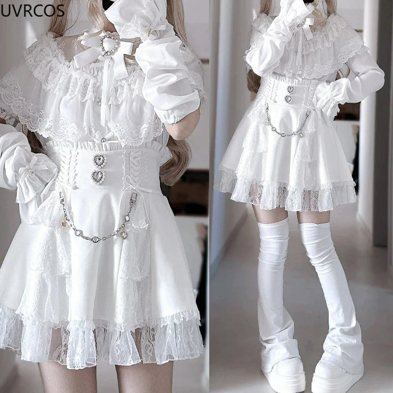 Eprolo Japon Gotik mini etek with lace and stone details, Y2K Lolita style, kawaii short skirt, black fabric with intricate embellishments