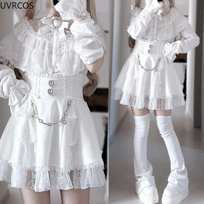 Eprolo Japon Gotik mini etek with lace and stone details, Y2K Lolita style, kawaii short skirt, black fabric with intricate embellishments