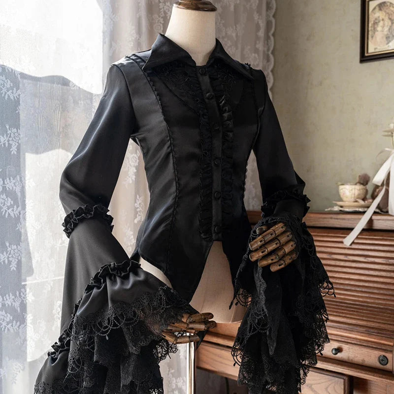 Gotik Viktoryen uzun kollu siyah bluz with lace details, stylish Gothic Victorian-inspired shirt by eprolo
