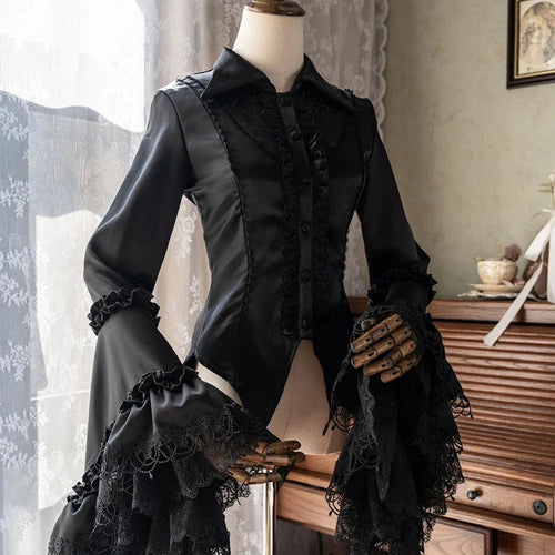 Gotik Viktoryen uzun kollu siyah bluz with lace details, stylish Gothic Victorian-inspired shirt by eprolo