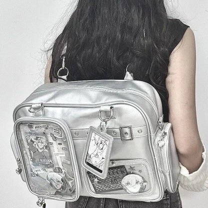 Harajuku 20cm Pin Doll Ita bag by eprolo featuring a colorful pin doll design on a black canvas tote