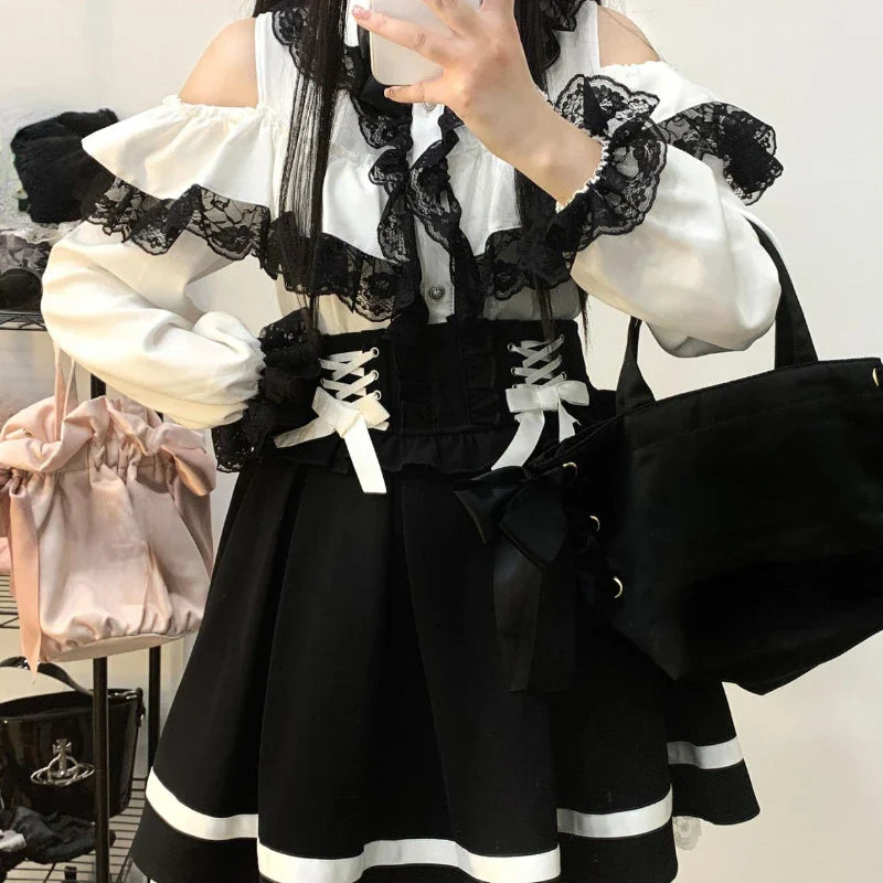 Kawaii blouse with lace details and bow, featuring a cute and stylish design by eprolo, shown in the product image.