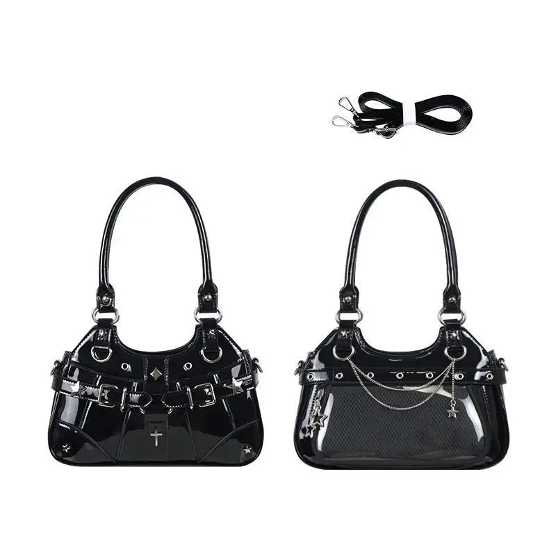 Harajuku Yıldız Ita Çanta by eprolo, Y2K transparent shoulder bag with star design and glossy finish, stylish and trendy accessory.