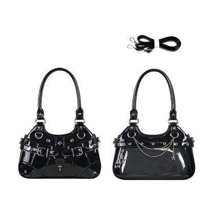 Harajuku Yıldız Ita Çanta by eprolo, Y2K transparent shoulder bag with star design and glossy finish, stylish and trendy accessory.
