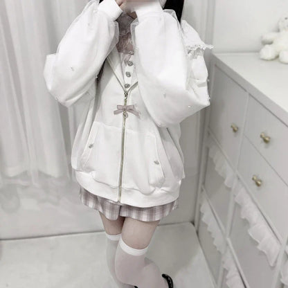 Pink Y2K Tavşan Kulaklı Kawaii hoodie jacket by eprolo, featuring cute bunny ear details and cozy fabric, ideal for kawaii fashion.
