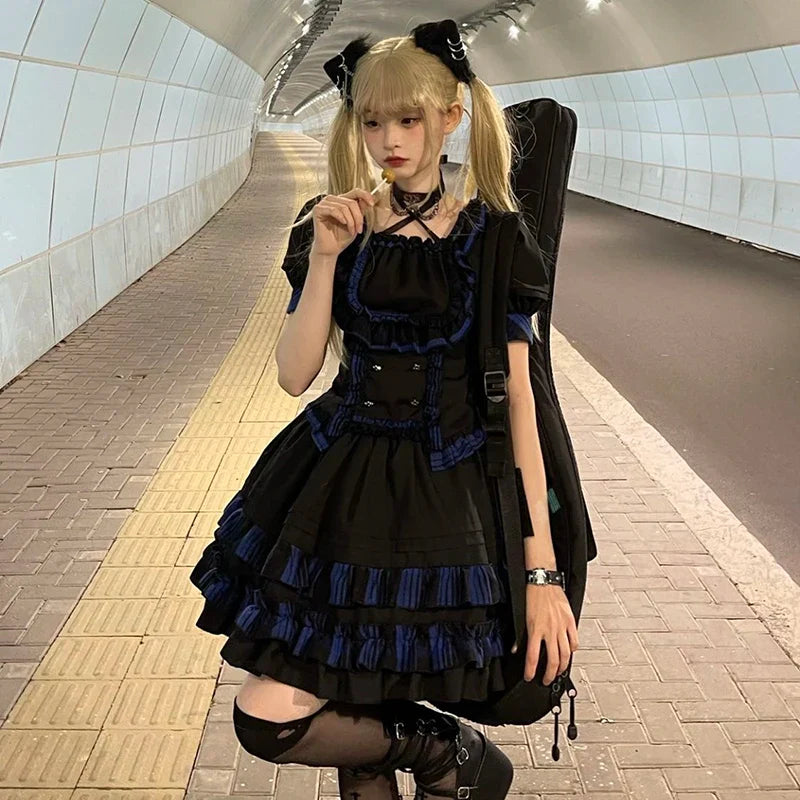 Lolita Gotik Dantel Detaylı Pileli Elbise Kısa Kollu Elbise