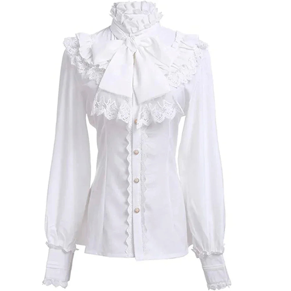 Victorian Lolita blouse by eprolo with lotus lace details, long sleeves, slim fit, vintage style, featuring ruffled accents