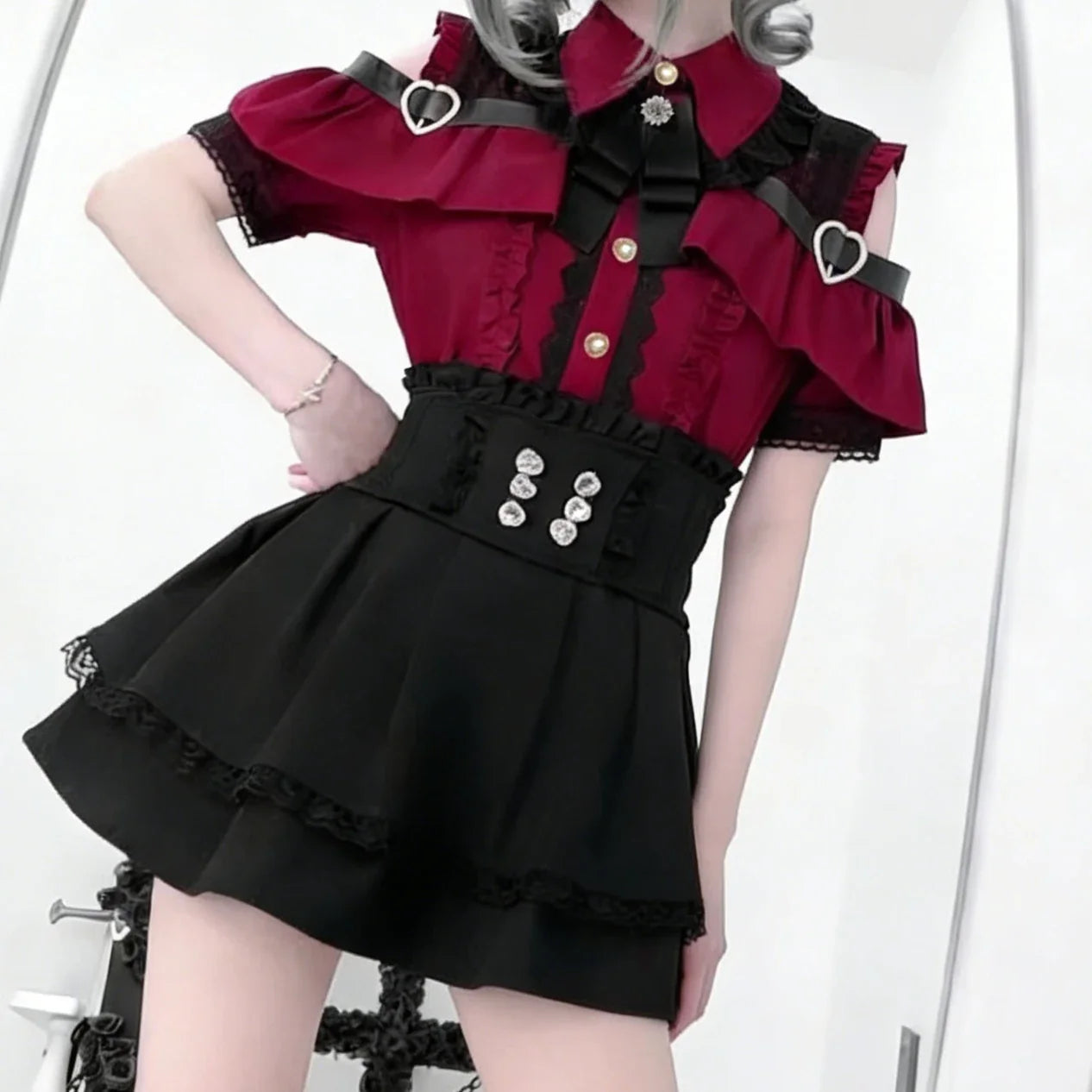 Eprolo Jirai Kei Lolita Kawaii shirt and skirt set featuring colorful, playful fabric and layered design for a cute, stylish look.
