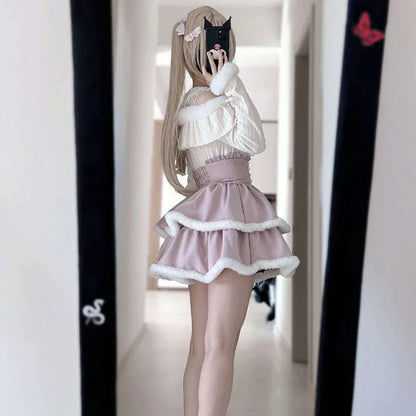 Eprolo Japon Stil Lolita mini skirt with lace and bow detail paired with a matching blouse, showcasing a cute, elegant Lolita fashion set.