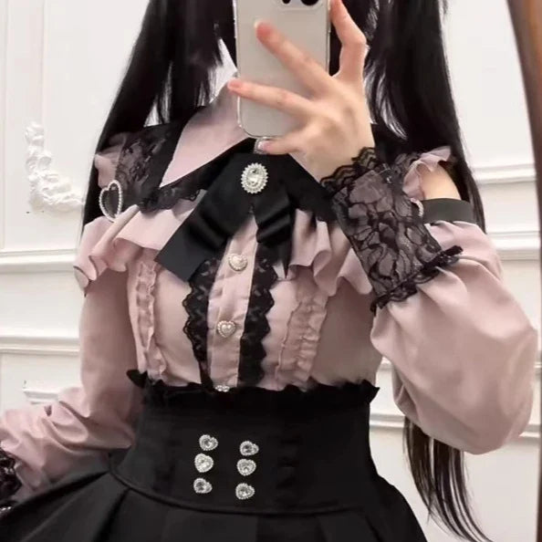 Eprolo Jirai Kei Lolita Kawaii shirt and skirt set featuring pastel colors and cute, stylish design with ruffled details.