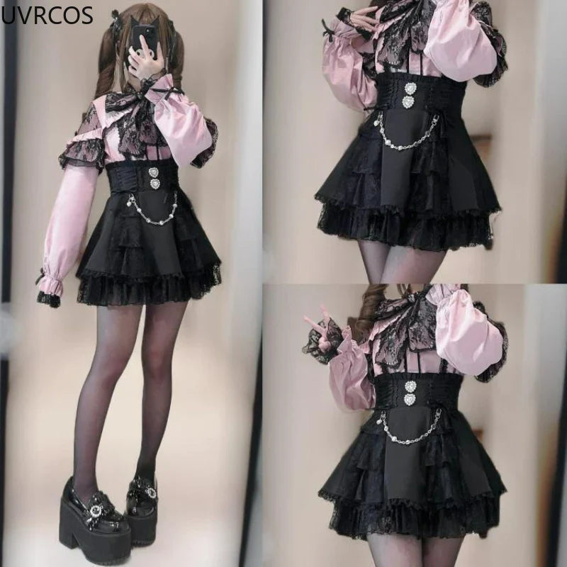 Eprolo Japon Gotik mini etek with lace and gemstone details, Y2K Lolita style, kawaii short skirt with intricate embellishments.