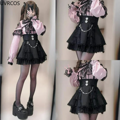 Eprolo Japon Gotik mini etek with lace and gemstone details, Y2K Lolita style, kawaii short skirt with intricate embellishments.
